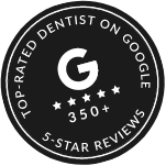 Badge reading Top Rated Dentist on Google 350 plus 5 star reviews